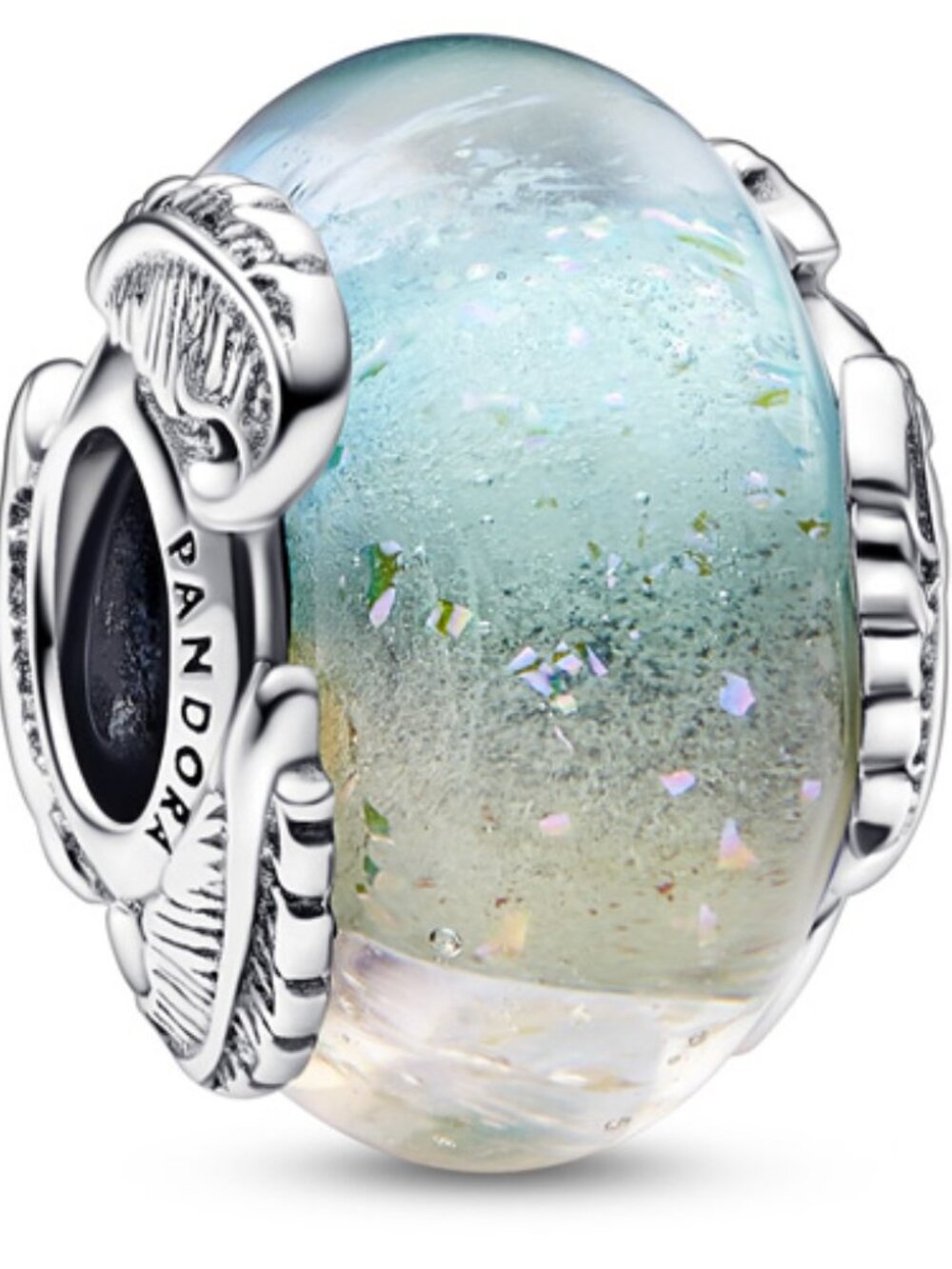 Murano Glass and Curved Feather Charm Sterling Silver Pink Dichroic Murano Glass